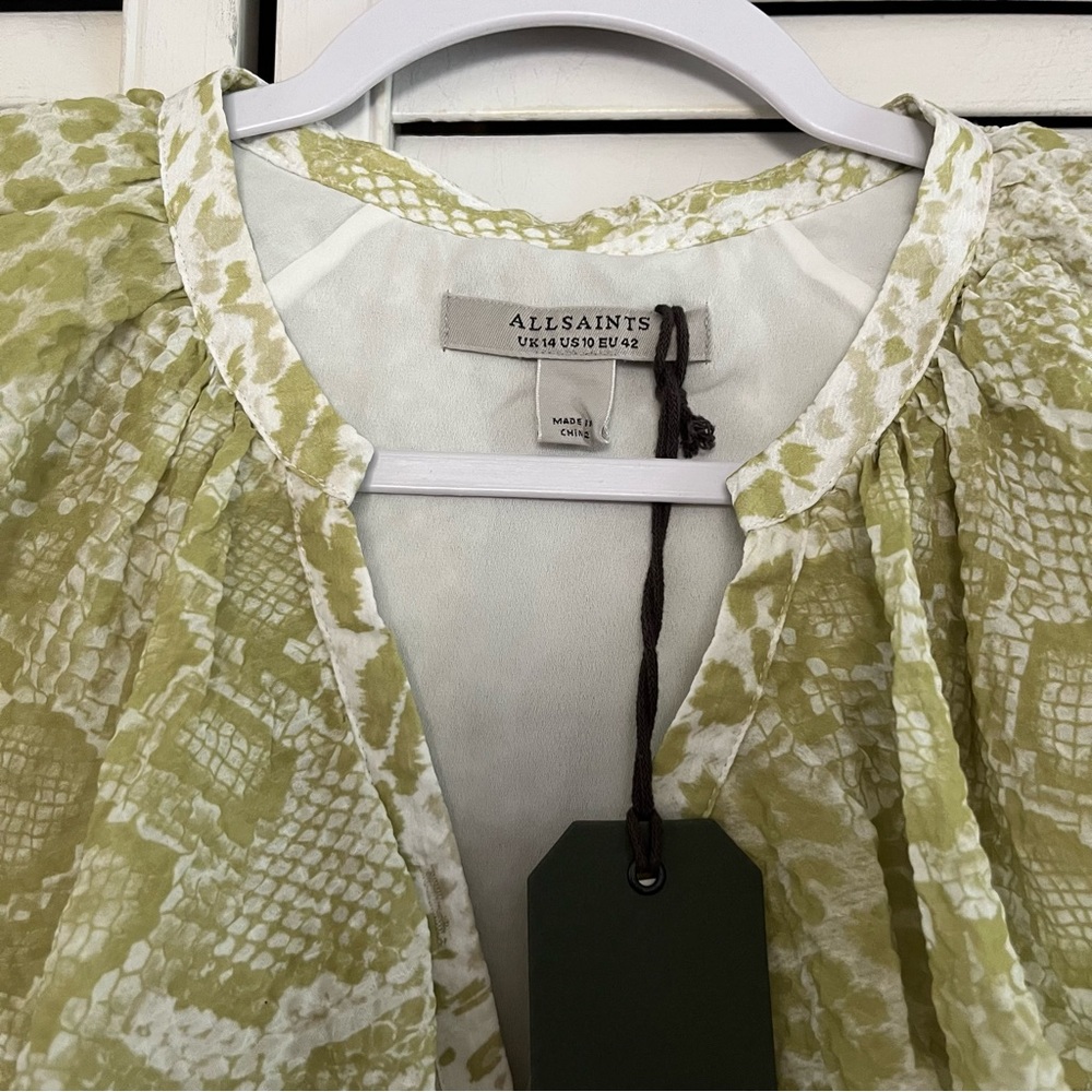 NWT AllSaints Ali Noche Size 10 Green White Summer Dress Tie Waist Ruffles Snake - Picture 5 of 7